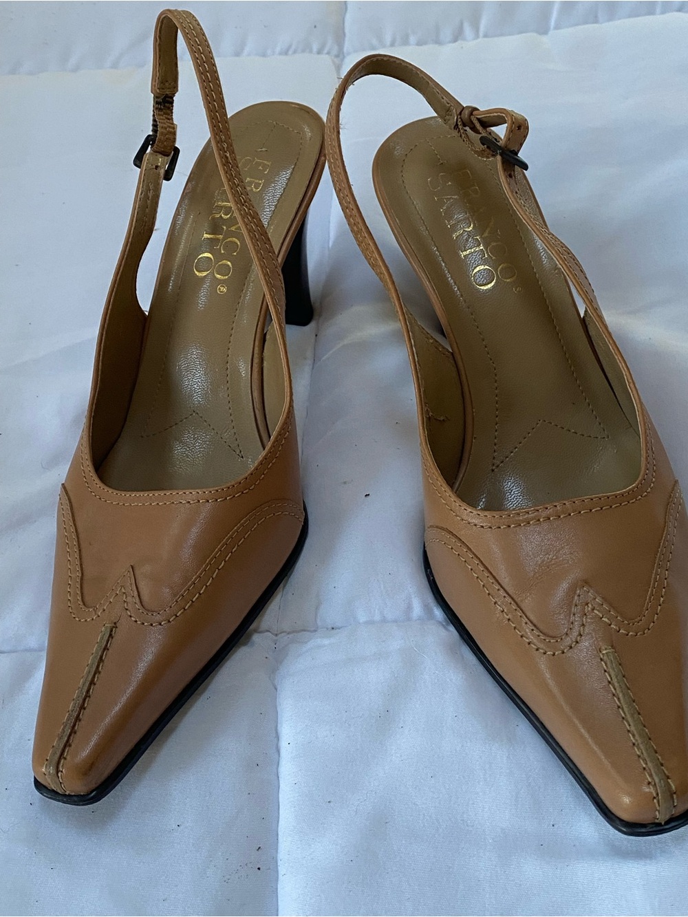 Franco Sarto Tan Leather 6.5M Slingback 3” Pumps Pointed Toe HRR